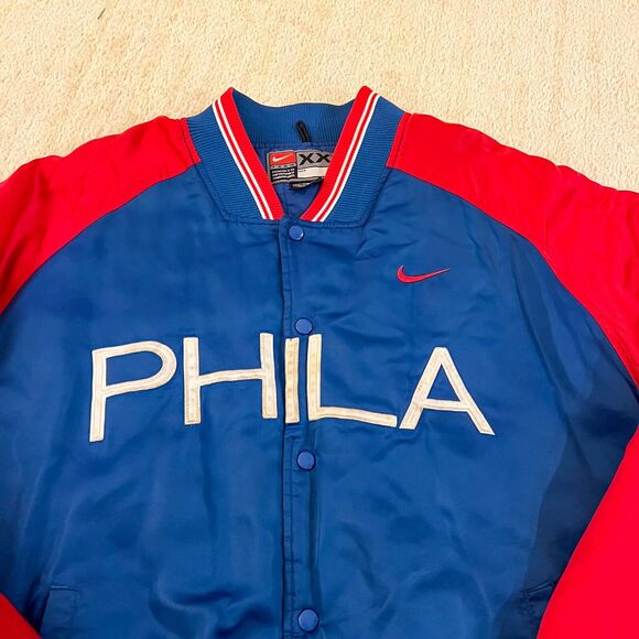 Vintage Philadelphia 76ers Jacket 2XL Blue Y2K Nike NBA Basketball Satin Bomber - Picture 2 of 9